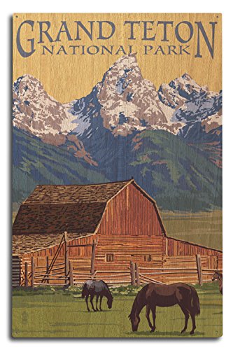 Grand Teton National Park, Wyoming, Barn and Mountains Birch Wood Wall Sign (10x15 Rustic Home Decor, Ready to Hang Art)