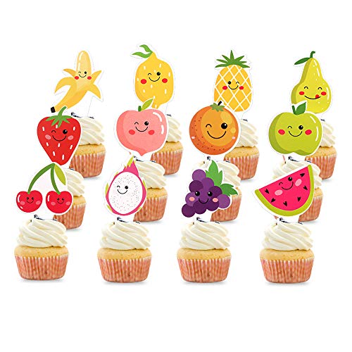 Unimall Pack of 24 Tutti Fruity Fruit Cupcake Toppers - Tropical Summers Kids Happy Birthday Cake Toppers - Watermelon, Lemon, Strawberry, Cake Decorations for Baby Shower Wedding Party Decorations