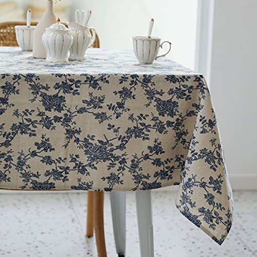 Pastoral Rectangle Tablecloth - 60 x 84 Inch - Linen Fabric Table Cloth - Washable Table Cover with Dust-Proof Wrinkle Resistant for Restaurant, Picnic, Indoor and Outdoor Dining, Floral (Dark Blue)