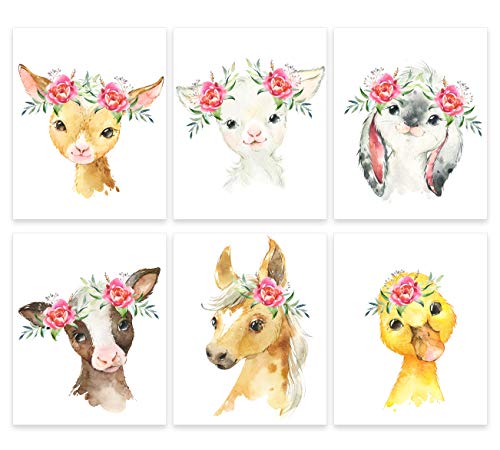 Farm Animal Wall Print Art (Set of 6 Unframed) Kids Room Watercolor Painting Wall Prints, 8 x 10 Inch poster paper, Flower Crown Barn Animals Kit, Sheep, Cow, Goat, Bunny, Horse, Barnyard Animals