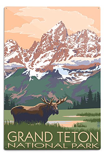 Lantern Press Grand Teton National Park, Wyoming, Moose and Mountains (12x18 Aluminum Art, Indoor Outdoor Metal Sign Decor)