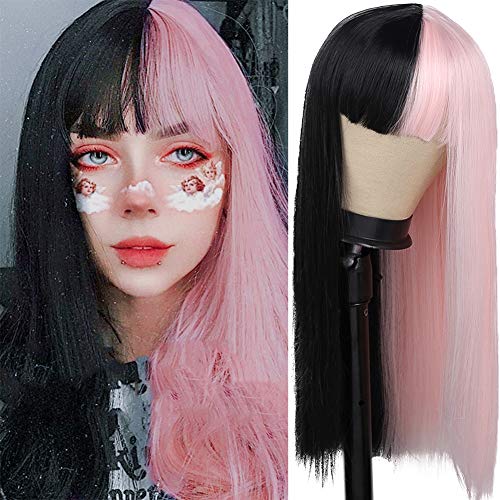 Kaneles Half Pink and Black Wig Long Straight Hair with Bangs Cosplay Natural Wig Cosplay Party Show