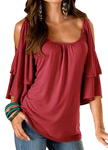 Merryfun Women's Summer Cold Shoulder Ruffle Sleeve Loose Stretch Tops Tunic Blouse Shirt Wred,S