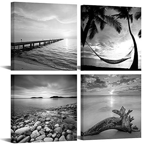 sechars - Black and White Beach Wall Art Seascape Painting Sunrise Scenery Picture Giclee Canvas Print Framed for Living Room Bedroom Bathroom Home Office Wall Decoration