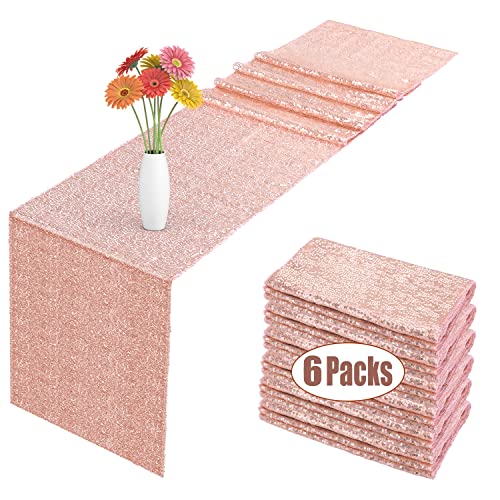 6 Pack Sequin Table Runner Rose Gold, 12 x 108 inch Glitter Rose Gold Table Runner for Rectangle Table for Party, Wedding, Birthday, Thanksgiving Dinner & Baby Shower