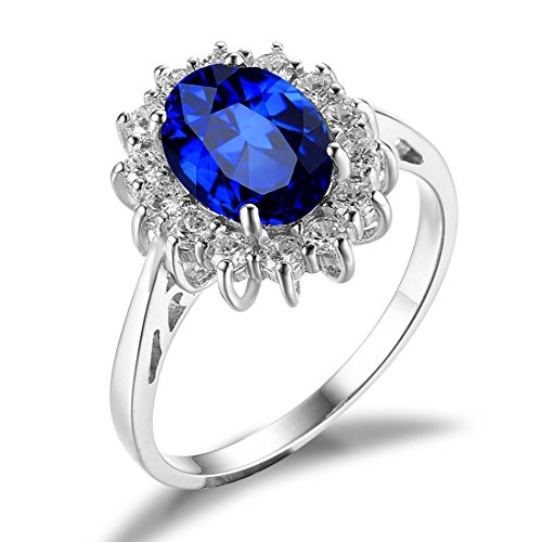 JewelryPalace Princess Diana Kate Middleton Class Gemstone Birthstone Blue Sapphire Halo Statement Engagement Rings for Women, Anniversary 14K Gold Plated 925 Sterling Silver Promise Rings for Her 7