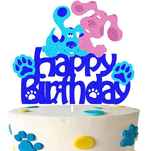 GOLOPEST Blue and Pink Puppy Cake Topper, Double Sided Glitter Happy Birthday Cake Topper for Blue Cartoon Theme Party Kids Boys Birthday Party Decorations Supplies