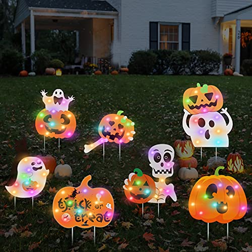 Miwasion Halloween Yard Signs Glowing,7 Pack Halloween Pumpkin Ghost Monster Courtyard Sign with Wooden Stakes,Halloween Garden Lawn Courtyard Party Decoration Trick or Treat Sign