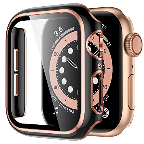 GEAK Compatible with Apple Watch Case 45mm Series 7 Built in Tempered Glass Screen Protector Ultra-Thin PC Bumper Full Coverage iWatch Protective Cover for Women Men Black/Rose Gold