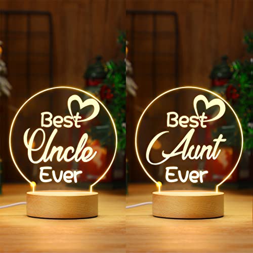 2 Pack Aunt Uncle Gift Set from Niece Nephew, Personalized Engraved Acrylic Night Light with Wood Base for Thanksgiving Christmas Mothers Day Birthday with Gift Box