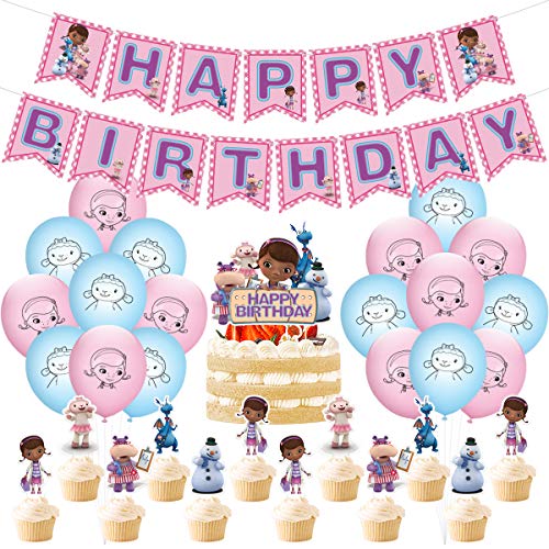 Bluegogo Doc McStuffins Party Supplies, Birthday Decorations Include 1Pc Banner, 18pcs Balloons, 12pcs Cupcake Toppers and 1pc Large Cake Topper, Theme Birthday Decor for Girls Kids