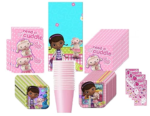 Doc McStuffins Party Supplies Deluxe Bundle Pack for 16 includes Dessert Plates, Lunch Plates, Lunch Napkins, Pink Cups, Table Cover