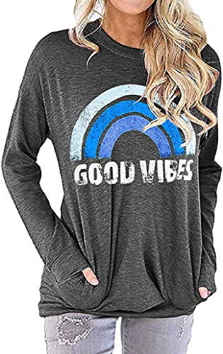 iNewbetter Women Long Sleeve Tops Round Neck Letter Print Sport Outdoor T Shirt Good Vibes Rainbow Blouse with Pocket IB83 DE0578 Blue L