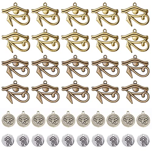 SUNNYCLUE 1 Box 40Pcs 4 Styles Eye of Horus Charms Pendants Craft Supplies Tibetan Silver Metal Charms Pendant for Jewelry Making