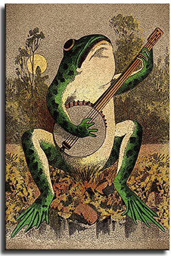 CHENZ Vintage Animal Canvas Wall Art Frog Poster Playing Banjo In The Moonlight Funny Picture for Bathroom Decoration Print (Frog,12X18 inch-No Framed)