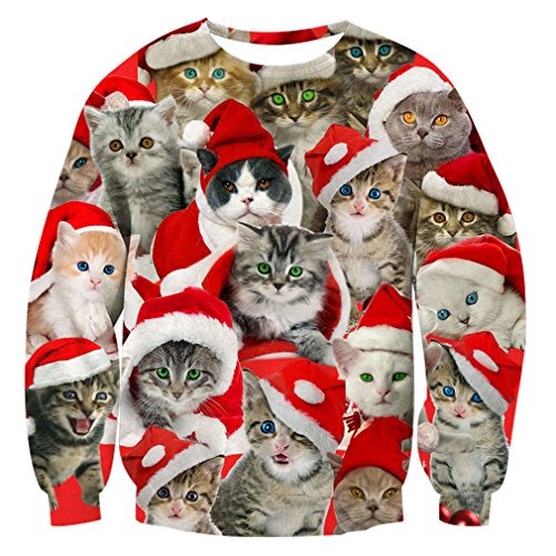 Unisex Mens Womens 3D Digital Pizza Cat Meow Red Santa Hat Print Happy Animal Zoo Graphic Novelty Holiday Shirt Pullover Dad Mom Ugly Christmas Sweater in Party L