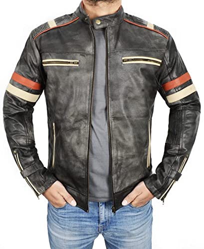 Men's Vintage Motorcycle Cafe Racer Retro Moto Distressed Leather Jacket Distressed Black, Medium