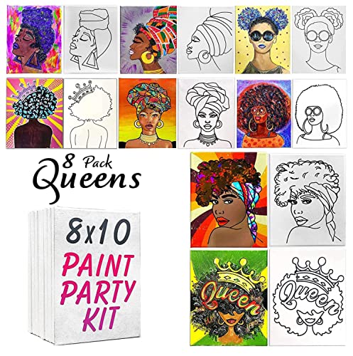 8 PACK 8x10 AFRO QUEEN PAINT PARTY SET | ALL QUEENS | Black History Month Party | Pre Drawn Stretched Canvas | Birthday Gift | Adult Sip and BLM Party Favor | DIY Virtual Party 2