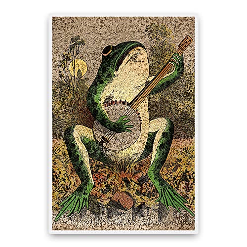 Banjo Frog Art Poster - Frog Playing Banjo In The Moonlight Vintage Poster - Frog Canvas Painting for Living Room Home Decor