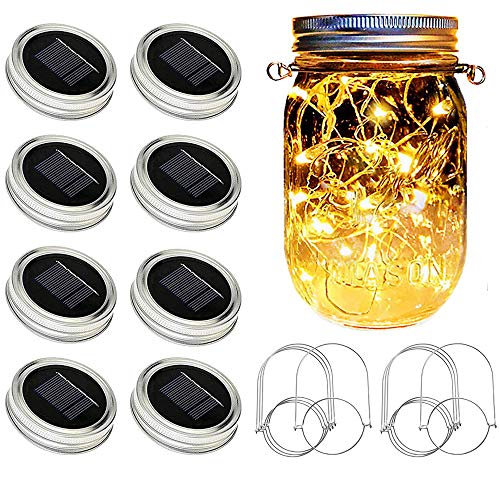 Solar Mason Jar Lights [Updated], 8 Pack 20 LED Waterproof Fairy Firefly Jar Lids String Lights with Hangers(NO Jars), Patio Yard Garden Wedding Decoration - Warm White