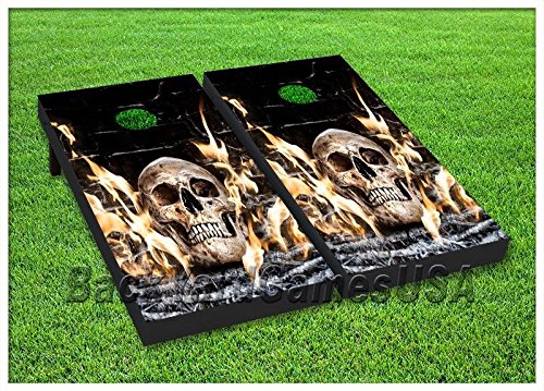 Cornhole Boards BEANBAG TOSS Game w Bags Skull Skeleton Harley Biker Flames 163