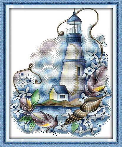 Cross Stitch Kits, Awesocrafts Blue Lighthouse Easy Patterns Cross Stitching Embroidery Kit Supplies Christmas, Stamped or Counted (Lighthouse, Counted)