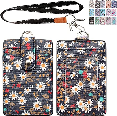 Lanyard ID Badge Holder Case PU Leather Credit Card Wallet with 1 ID Window & 2 Card Slots & 2 Key Chains and Detachable Neck Strap for ID Driver Licence & Women Teen Kids Girls Office (Navy Floral)