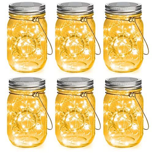 Mason Jar Solar Lights 30 LEDs, 6 Pack Hanging Solar Lights Outdoor, Waterproof Fairy Lights Solar Lanterns for Patio Garden, Hangers and Jars Included- Warm White