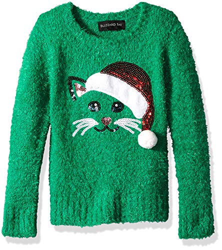 Blizzard Bay Little Girl's L/S Crew Neck Cat in Santa Hat Christmas Sweater Sweater, Jelly Bean Combo, 6X