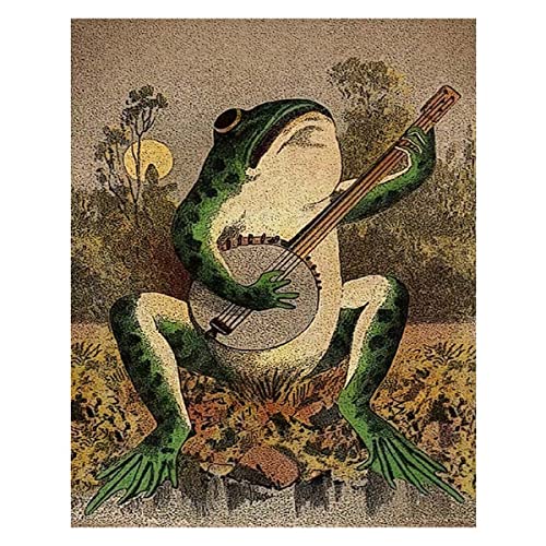 Frog Canvas Wall Art Vintage Frog Playing Banjo in the Moonlight Frog Wall Decor Painting Print Posters for Living Room Bedroom Bathroom Home Decor(Unframed,16x20 inches)