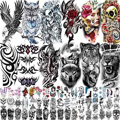 62 Sheets Temporary Tattoos Stickers, Fake Body Arm Chest Shoulder Tattoos for Men and Women, Halloween Temporary Tattoos Black Fake Skull Skeleton Tattoos for Halloween Cosplay