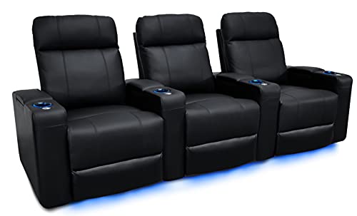 Valencia Piacenza Home Theater Seating | Premium Top Grain Nappa 9000 Leather, Power Recliner, LED Lighting (Row of 3, Black)