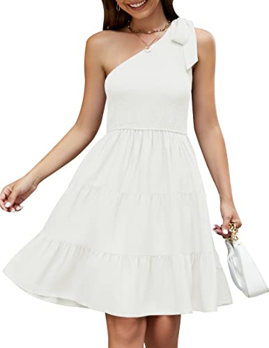 ZESICA Women's 2023 Summer Boho One Shoulder Sleeveless Solid Color Smocked Tiered Ruffle A Line Swing Short Mini Dress,White,Medium