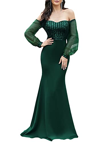 Ever-Pretty Women's Cold Shoulder Maxi Long Sleeve Dress Mermaid Cockatil Dress Dark Green US8