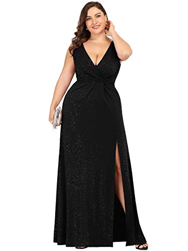 Ever-Pretty Plus Women's V-Neck Glitter Dress Side Split Plus Size Evening Dress Black US14