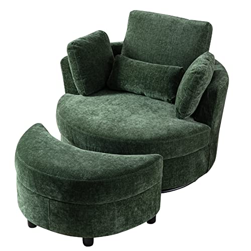 Oversized Swivel Accent Barrel Chair with Storage Ottoman+4 Pillows, Modern Comfy Upholstered 360 Swivel Recliner Sofa Chaise Leisure Round Lounge Chair for Living Room/Bedroom (Green Chenille)