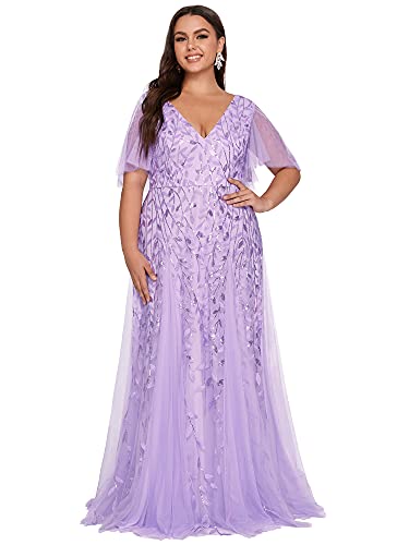 Ever-Pretty Womens Plus Size Floor-Length V Neck Embroidery Bridesmaid Dress for Wedding Lavender US18