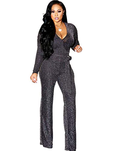 Womens Jumpsuits Elegant Plus Size Sexy Long Sleeve Party Clubwear Casual Rompers for Womens Glitter Sparkly Dressy Pants Silver XL