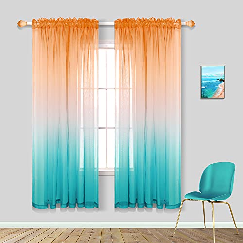 Fall Curtains for Living Room Set of 2 Panels Sheer Window Treatments Beach Decor Sea Teal and Tropical Sunshine Orange Autumn Decorations for Home Bedroom