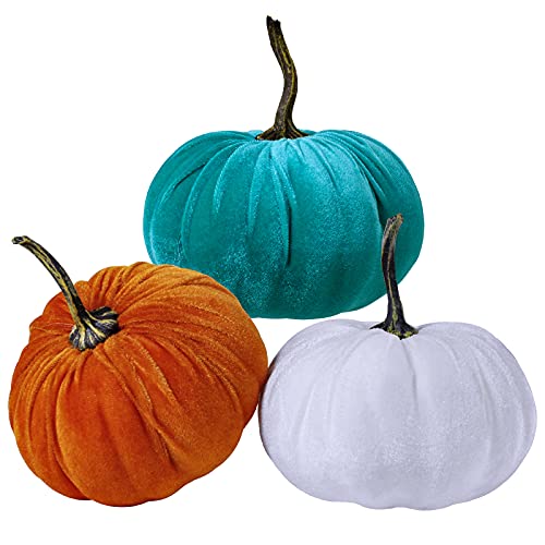 3 Pcs Assorted Fall Decorative Pumpkins Velvet Foam Pumpkins Fabric Pumpkins in Orange Teal Blue White for Fall Farmhouse Wedding Centerpiece Halloween Thanksgiving Centerpiece Mantel Table Decor