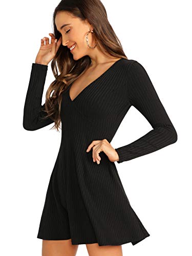 Verdusa Women's Elegant Deep V Neck Long Sleeve Ribbed Short Skater Dress Black M