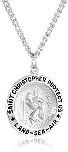 Amazon Collection Men's Sterling Silver Round Saint Christopher Medal Pendant with 