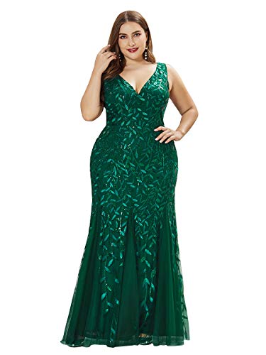 Ever-Pretty Women's V-Neck Embroidered Lace Floor Length Plus Size Mermaid Dress Green US18