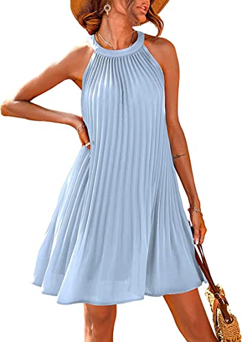 PRETTYGARDEN Women's Cute Halter Neck Sleeveless Mini Dress Solid Color Flowy Pleated Beach Dress Sundress(Medium, Light Blue)