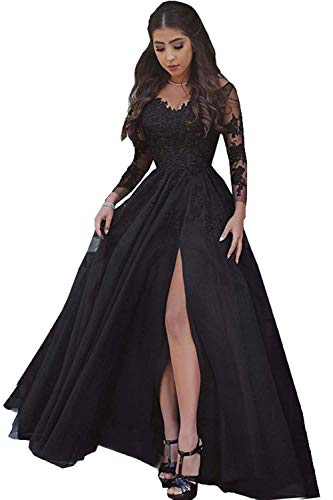 LastBridal Women Sexy V Neck Lace Appliques Long Sleeves Prom Dresses Formal High Slit Evening Gowns LB0076 US 4 Black