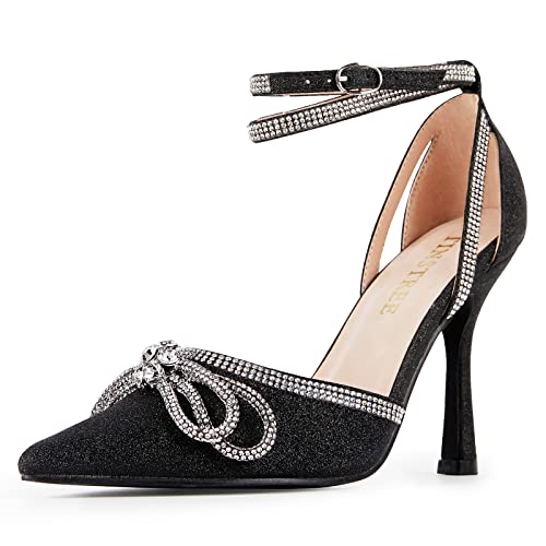 TINSTREE Bow Heels for Women,Black Glitter Heels High Stilettos Strap Ankle Buckle Rhinestones Sandals for Women Satin Wedding Shoes Pointy Toe Stiletto Sandals Pump Slingback Kitten Heel Black,09