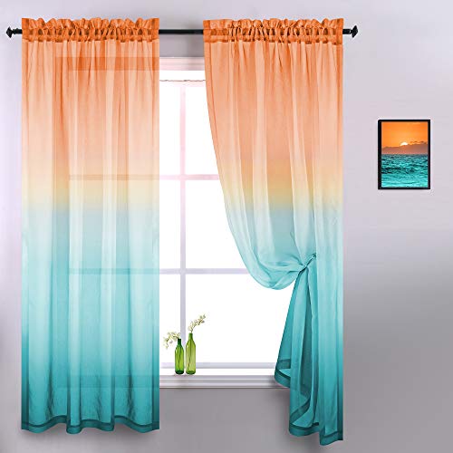 KOUFALL Orange and Green Sheer Curtains 84 Inches Long 2 Panels Window Semi Sheer Bright Color Ombre Fall Curtains for Living Room Bedroom Burnt Yellow Aqua Mint Turquoise Peacock Teal Accent