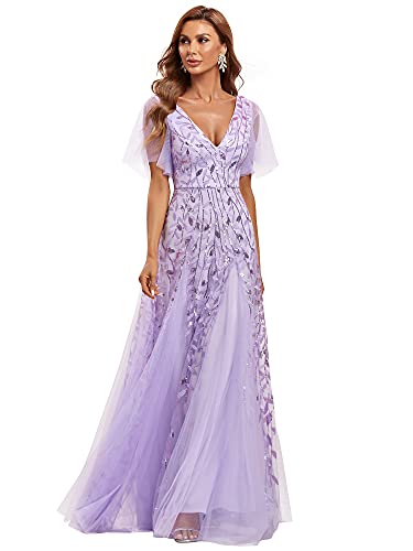 Ever-Pretty Womens Floor-Length V Neck A-line Embroidery Bridesmaid Dress Long Lavender US18