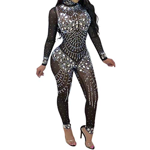 Sedrinuo Women Club Outfits Long Sleeve Bodycon Jumpsuits High Neck Sparkly Rhinestone Romper