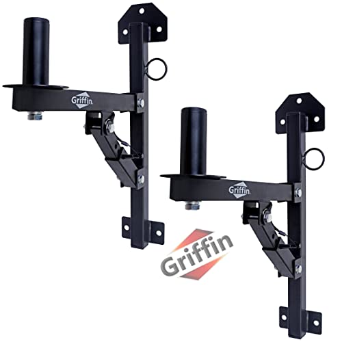 Premium PA Speakers Wall Mount Brackets By GRIFFIN | Set Of 2 All Steel Pro-Audio Speaker 35mm Pole Holder | Securing Locking Pin & 3 Horizontal Level Tilt Adjustments | On Stage Studio Monitor Stands